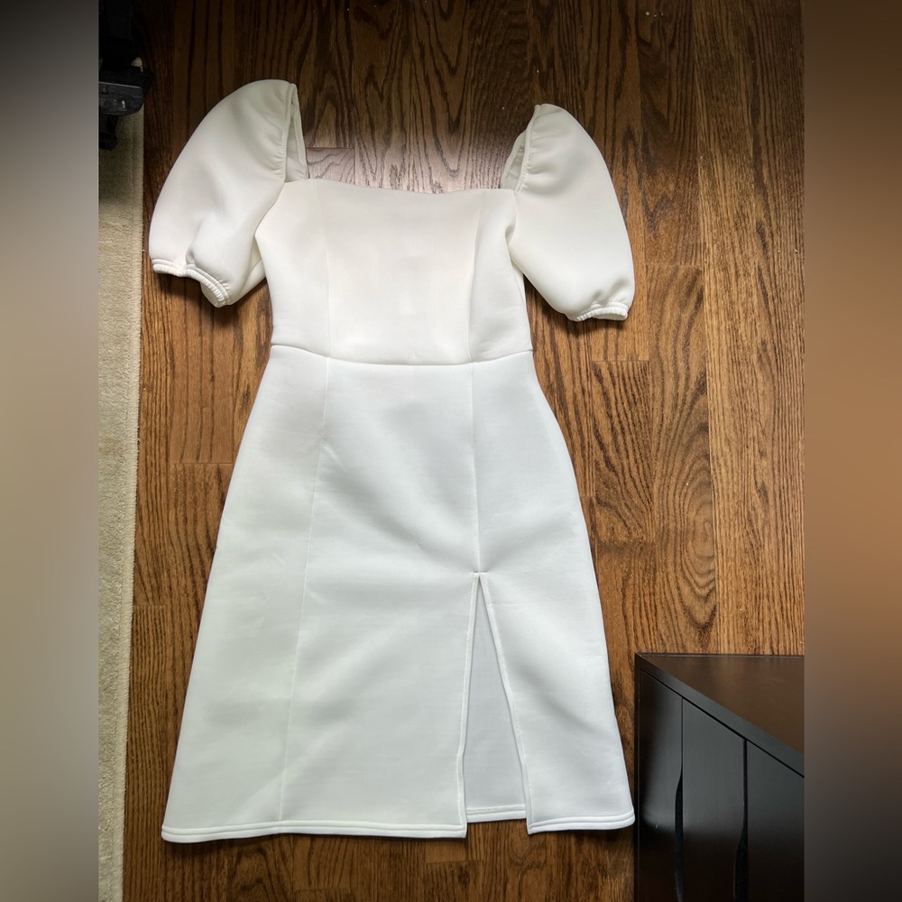 NWT white crepe midi dress with puff sleeves. Perfect for bride-to-be!